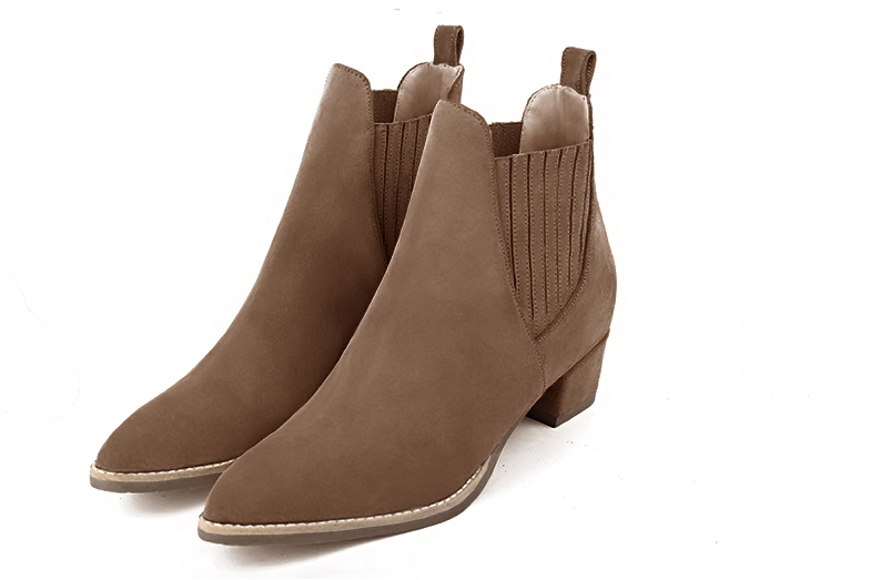 Chocolate brown women's ankle boots, with elastics. Tapered toe. Low cone heels. Front view - Florence KOOIJMAN